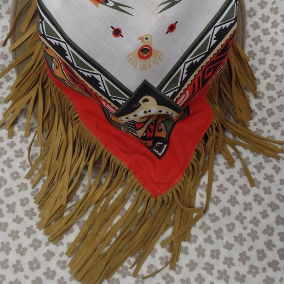 Wamcraft Vintage Neck Kerchief Native American Print Leather Fringed Scarf EUC - Picture 2 of 6
